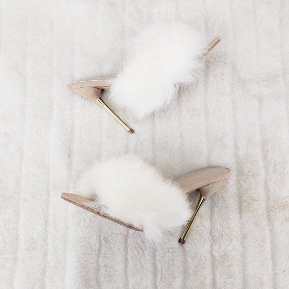 Furry Pointy Toe Slip On Gold Tone Slim Heels Nude - Picture 10 of 11